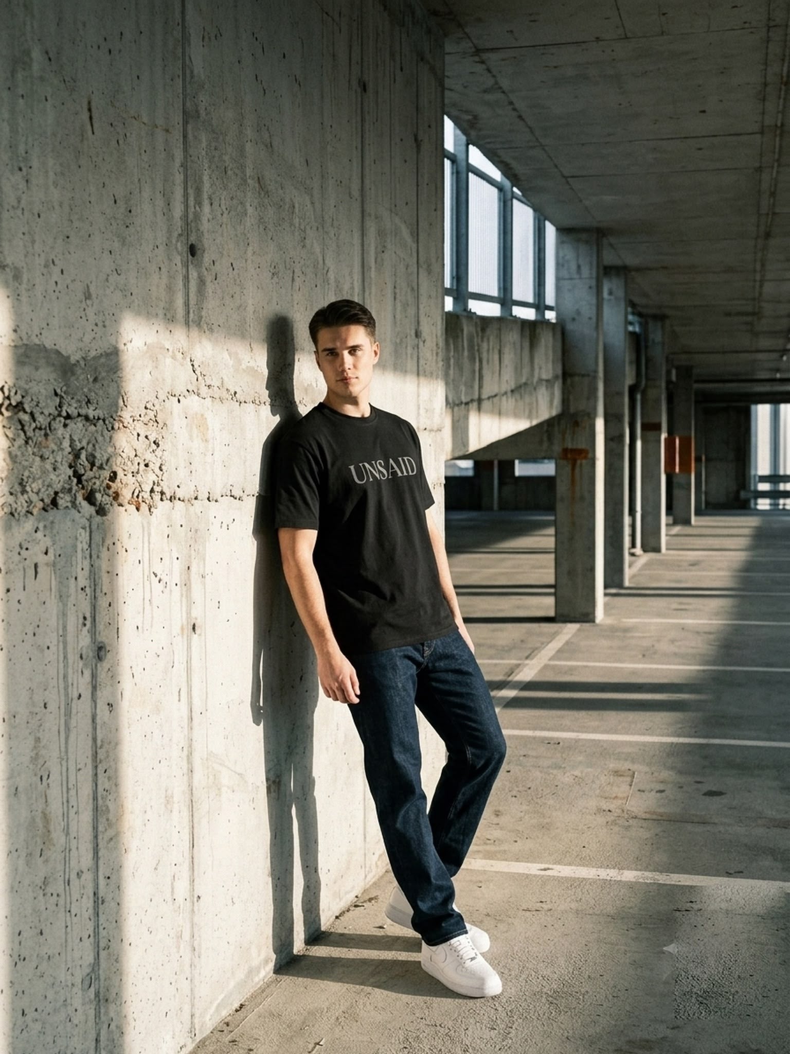 Model met het zwarte UNSAID T-shirt in een betonnen architectonische omgeving